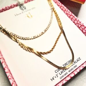 House of Harlow 1960 Gold Sparkling CZ Layered Necklace Cubic Zirconia Gift Box!